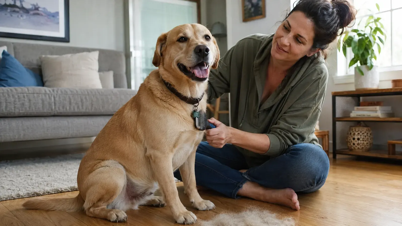 Yellow lab mix being groomed with a pet vacuum kit on a back porch in soft afternoon light