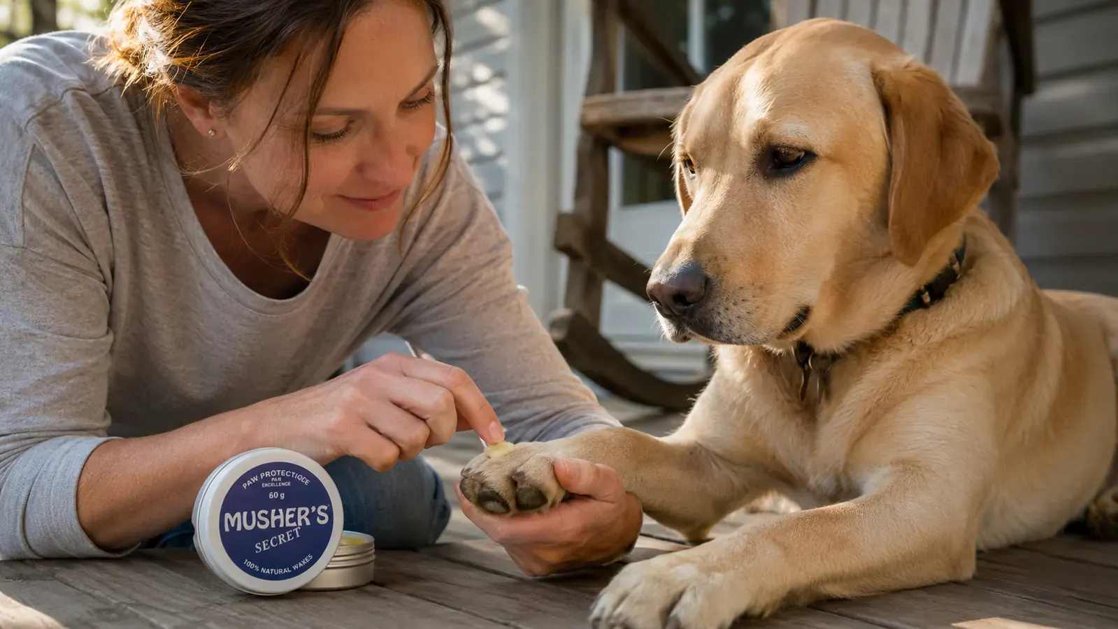 Close-up of a hand scooping a small amount of Musher's Secret paw wax from a white tin