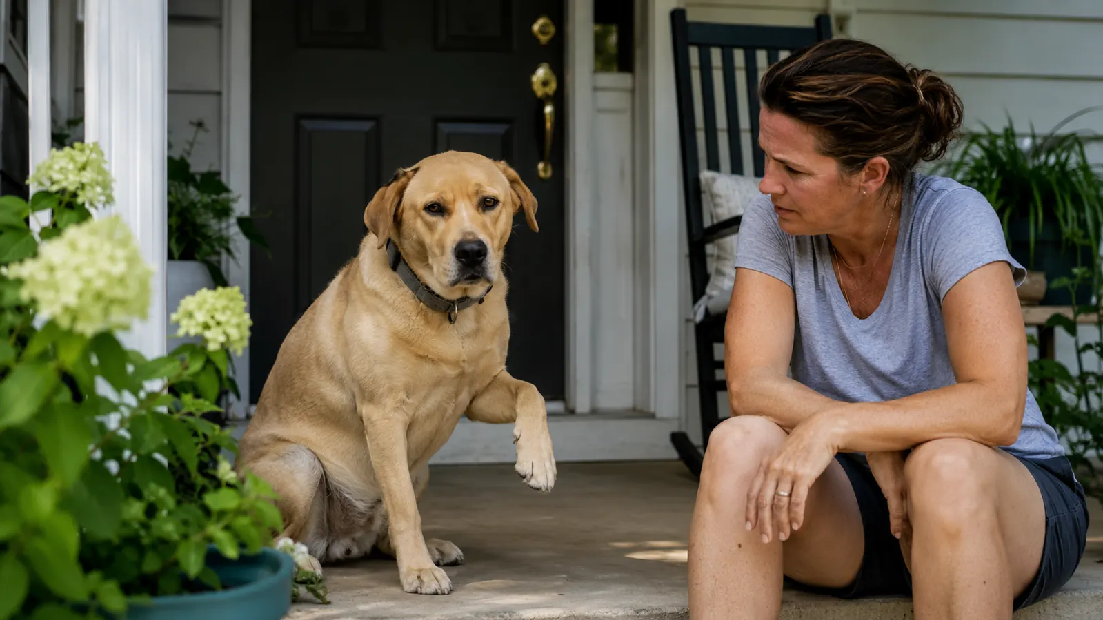 Dog sitting on a summer sidewalk with owner applying paw balm to a lifted front paw