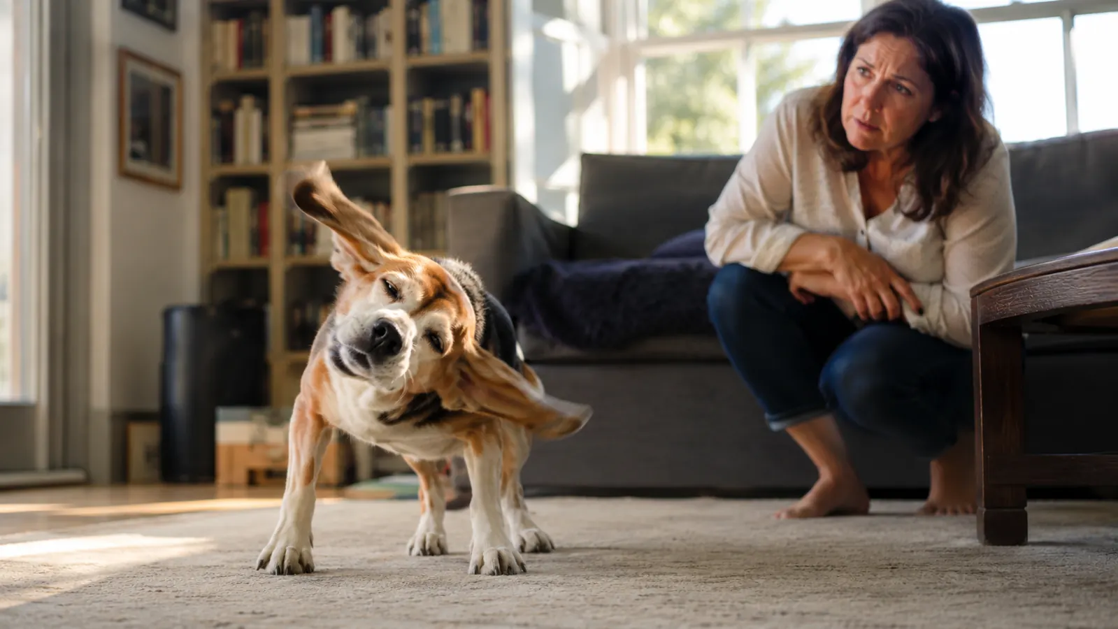 Floppy-eared beagle sitting on a porch, ears slightly tilted as if listening, soft morning light