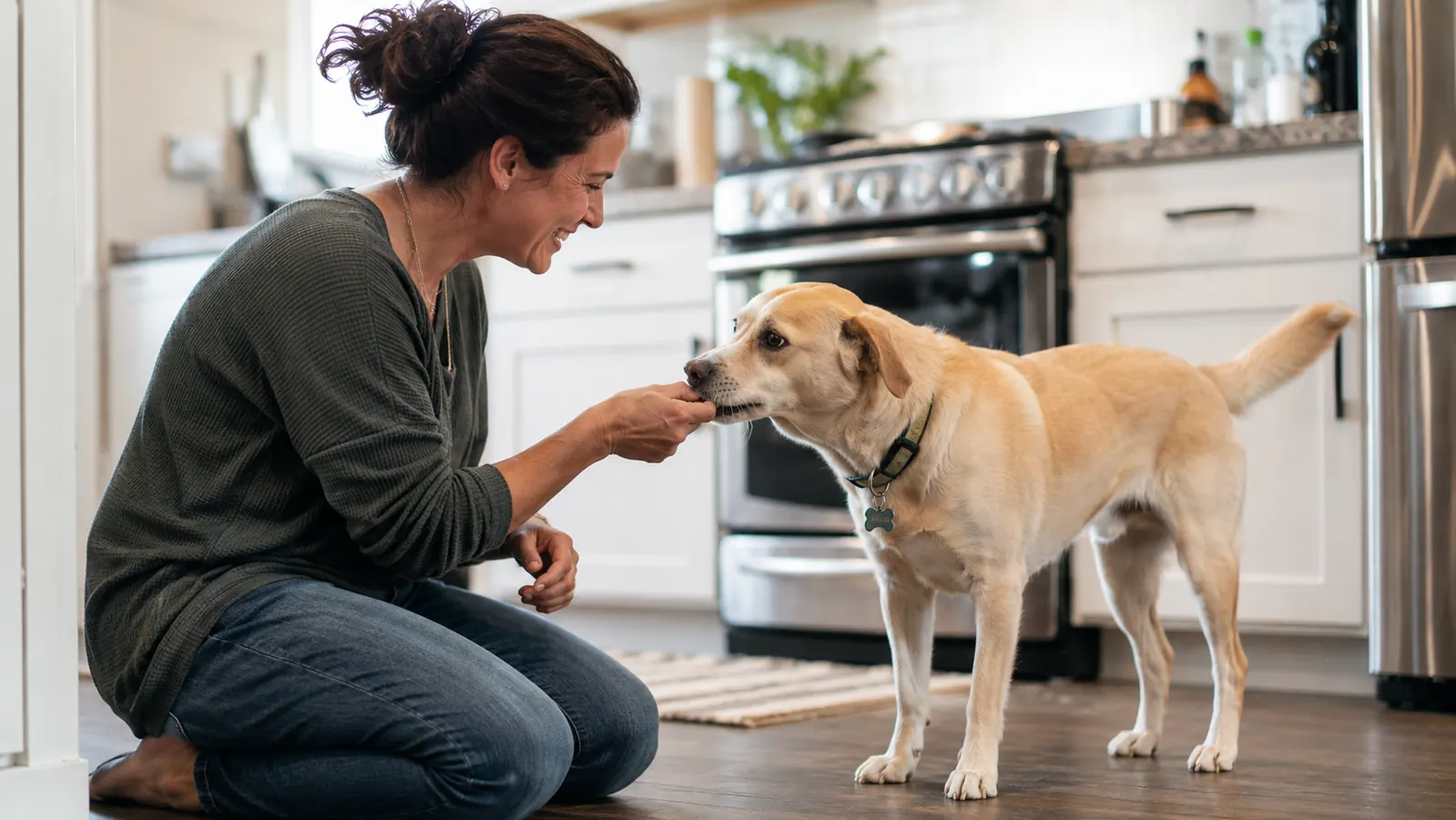 Young yellow lab mix sitting on a tile floor, one front paw extended toward the camera showing well-trimmed nails