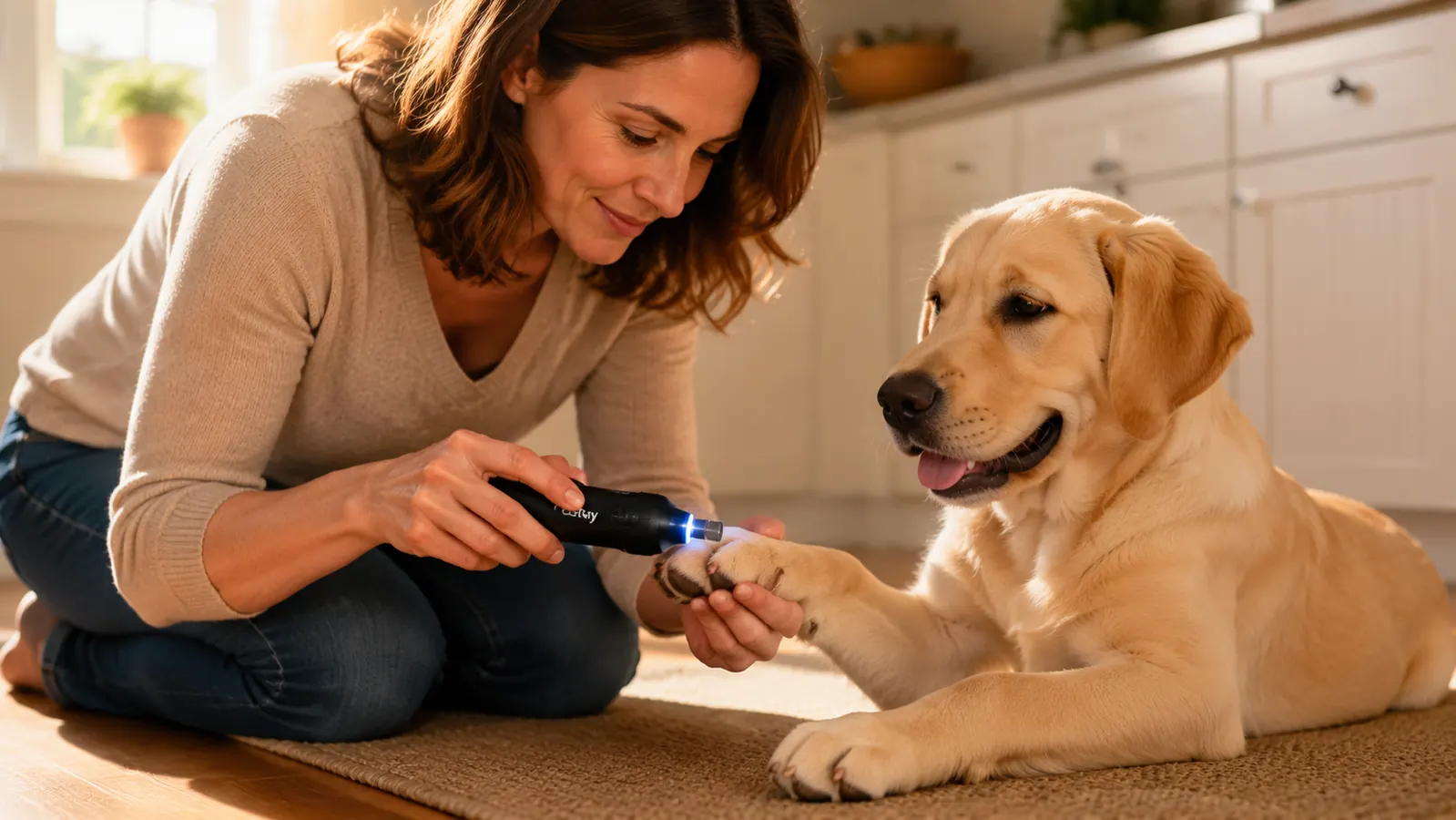 Hand holding a white electric nail grinder against a beagle's front paw, grinding one nail