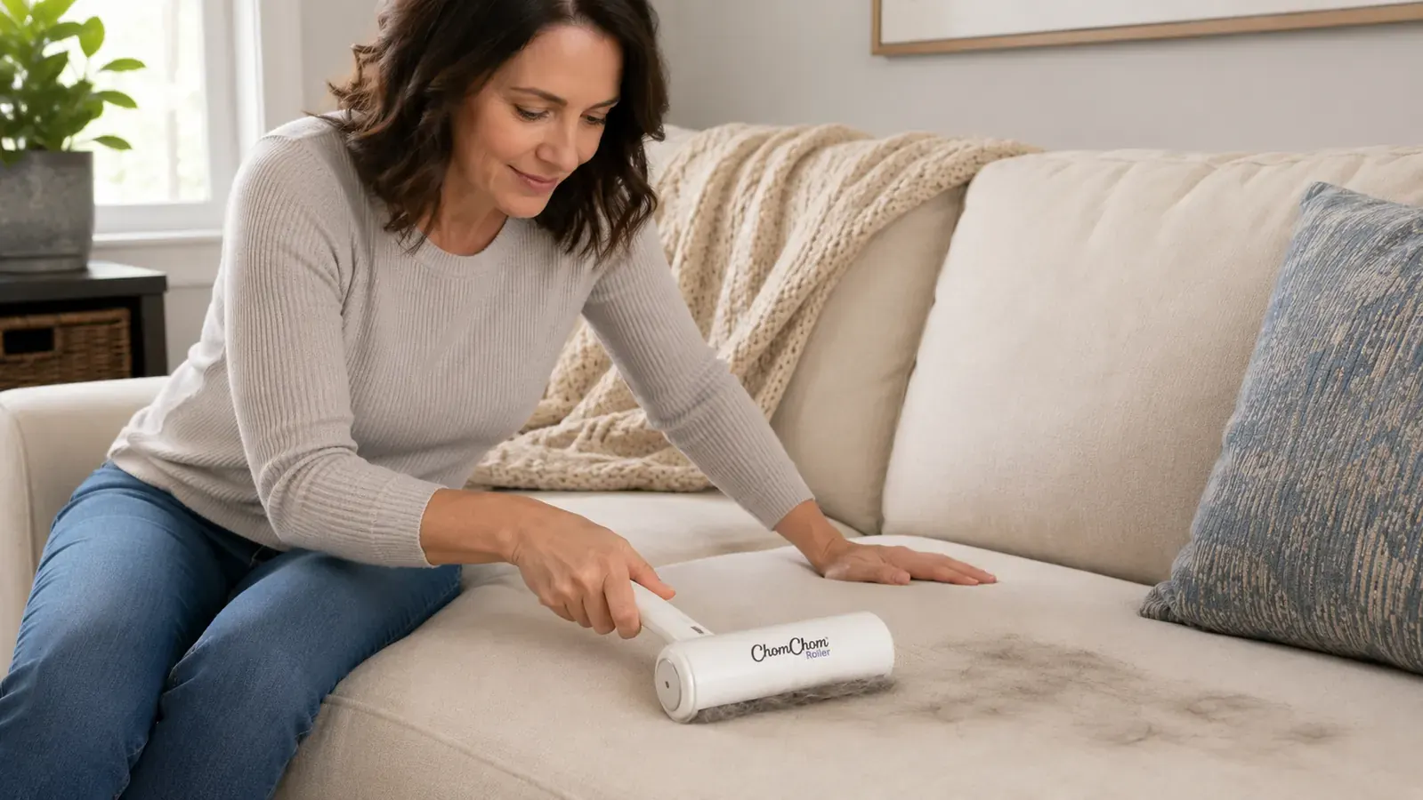 Hand rolling the ChomChom Roller back and forth across a tan upholstered couch cushion