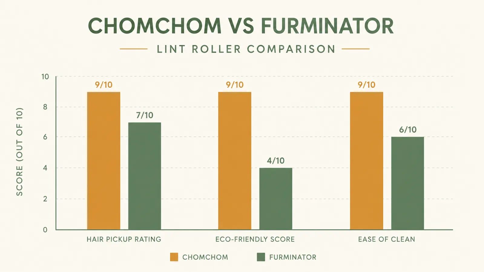 Bar chart showing strokes needed to clear a pet-hair-covered surface with ChomChom versus FURminator roller