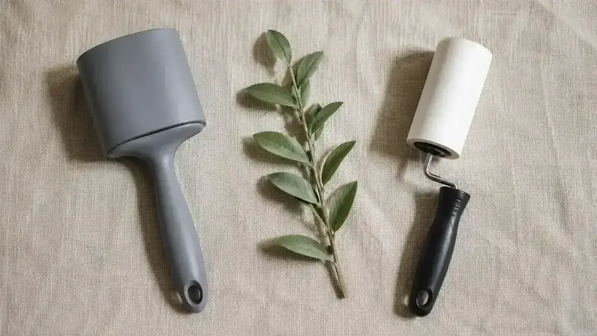 ChomChom Roller and FURminator lint roller placed side by side on a pet hair-covered couch cushion