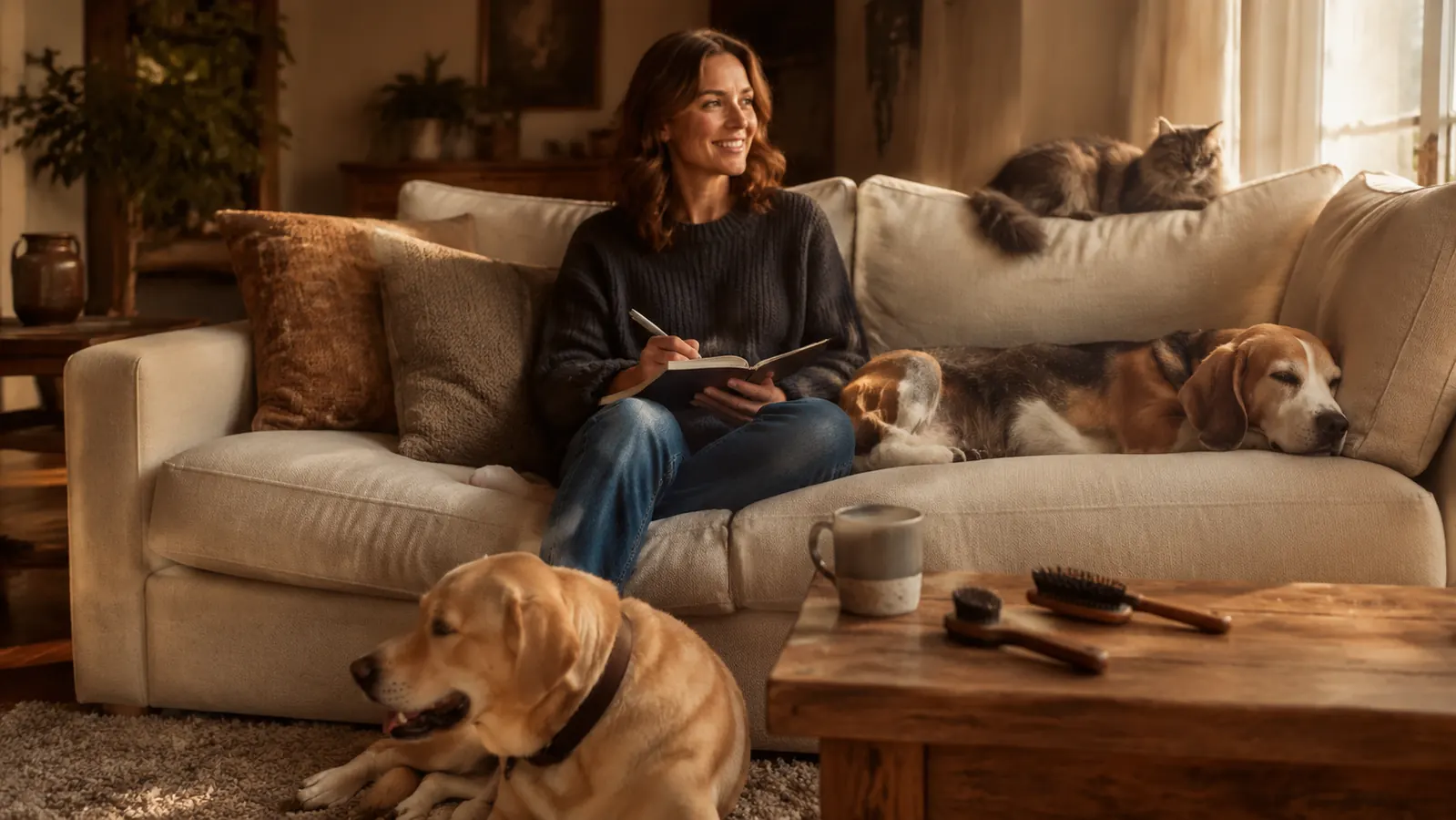 A pet owner using a ChomChom roller to lift cat hair off a couch in a bright living room