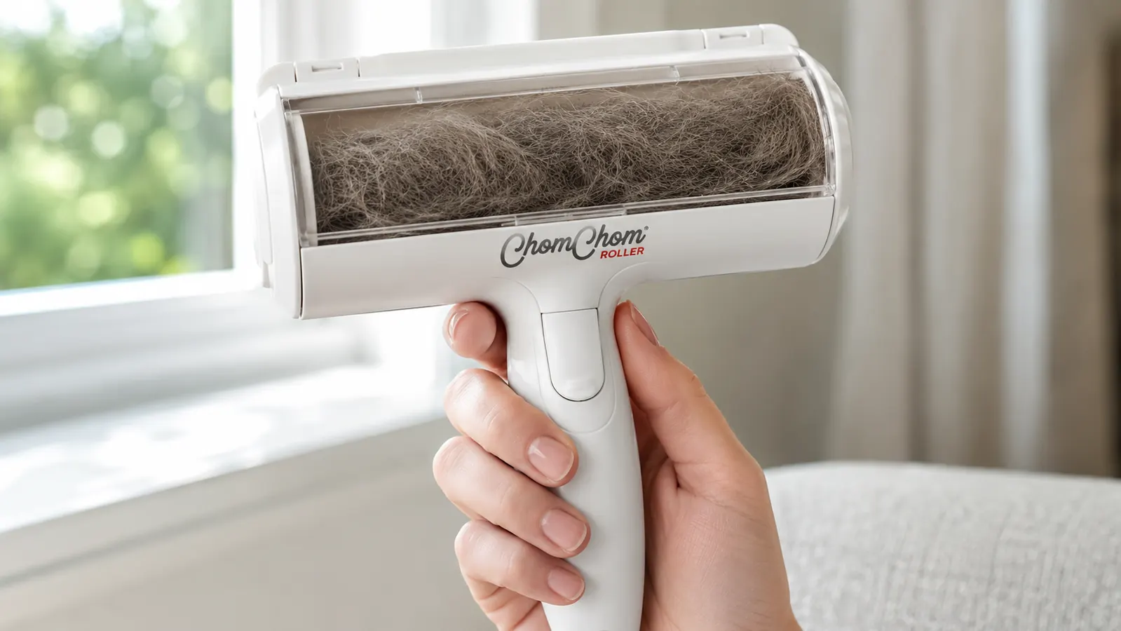 The ChomChom roller's chamber open and filled with a dense clump of long white cat hair after a single pass