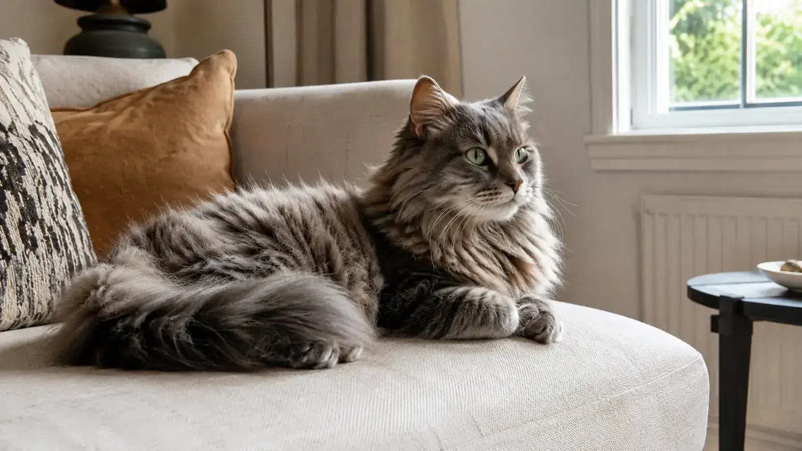 A long-haired white cat stretched across a dark gray couch cushion, sunlight coming through a nearby window