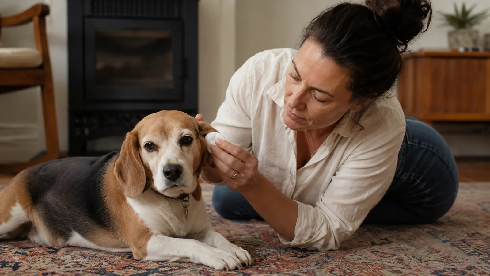 Calm beagle sitting in a veterinary exam room on a stainless steel table, looking relaxed