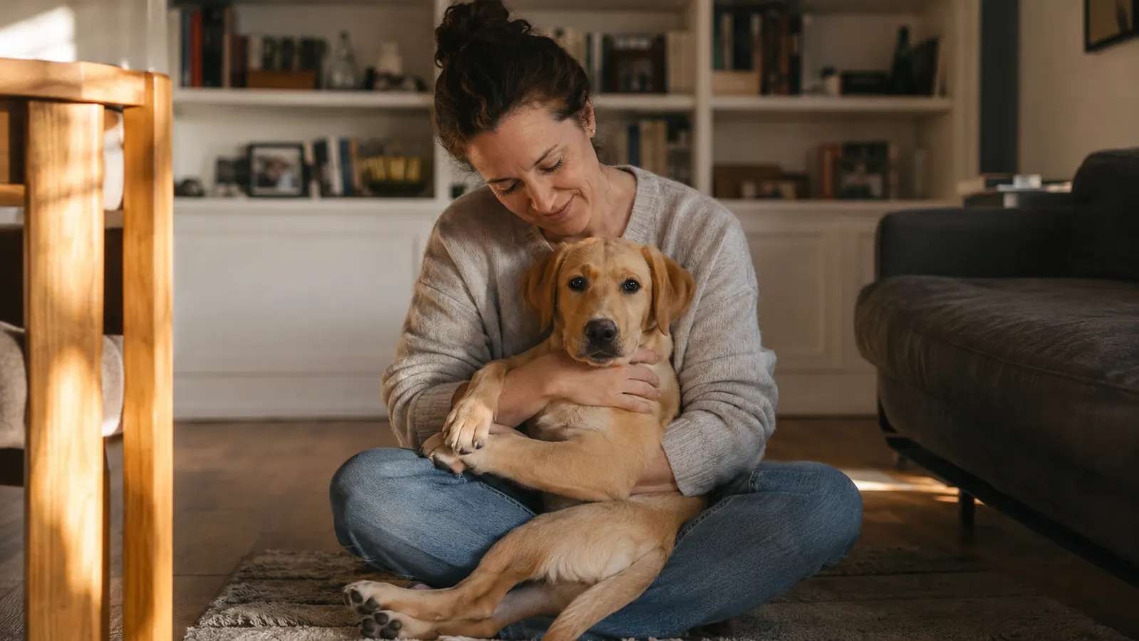Person calmly holding a beagle's front paw on a couch with a nail grinder nearby on a wooden coffee table