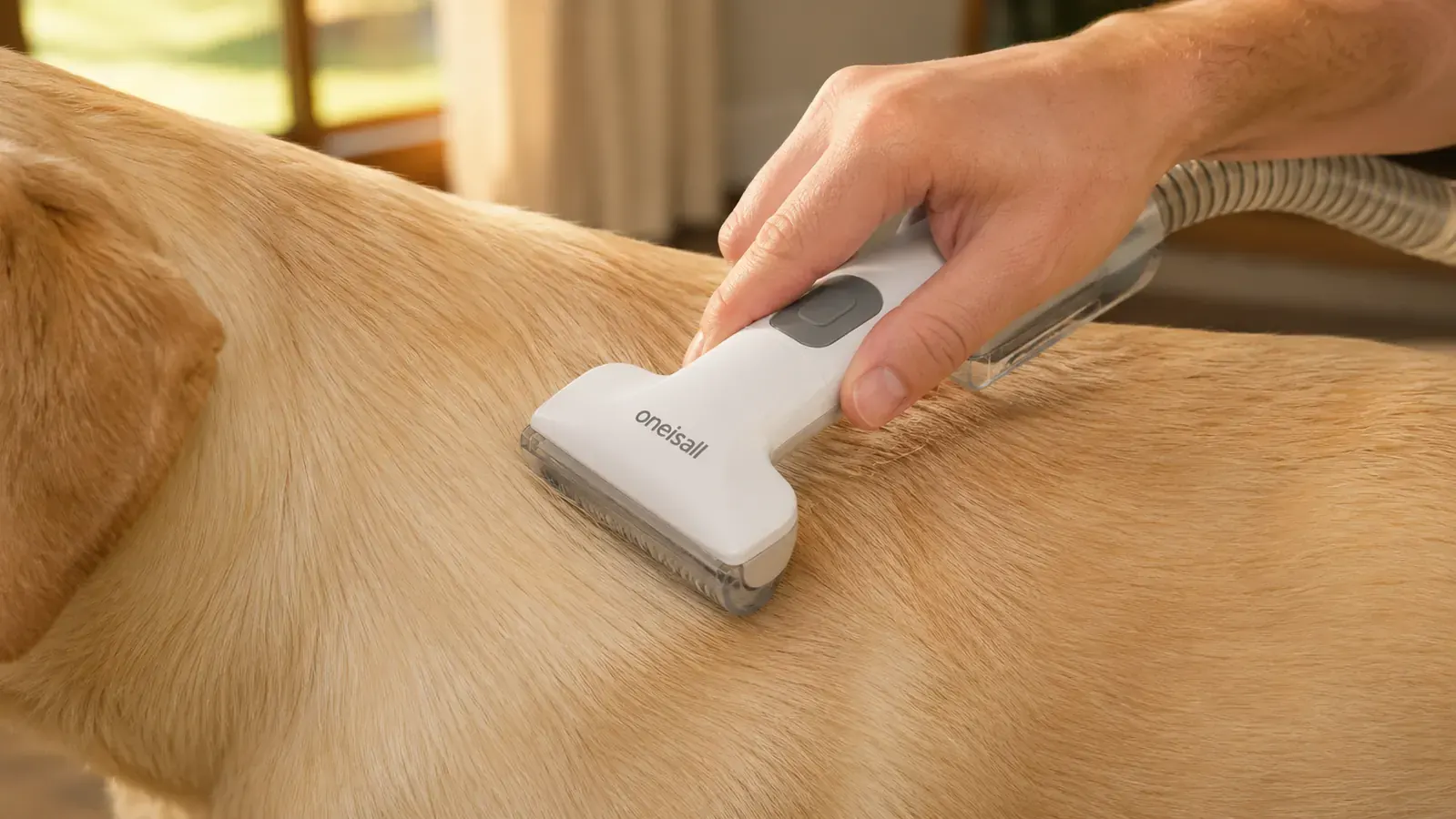 Top-down view of a transparent 1.5-liter dust cup filled with light golden dog fur after a grooming session