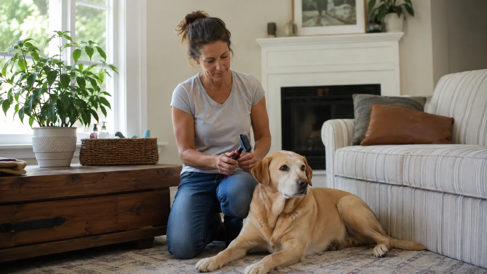 A yellow lab mix sitting calmly on a towel on a hardwood floor while a person prepares a pet grooming vacuum kit nearby