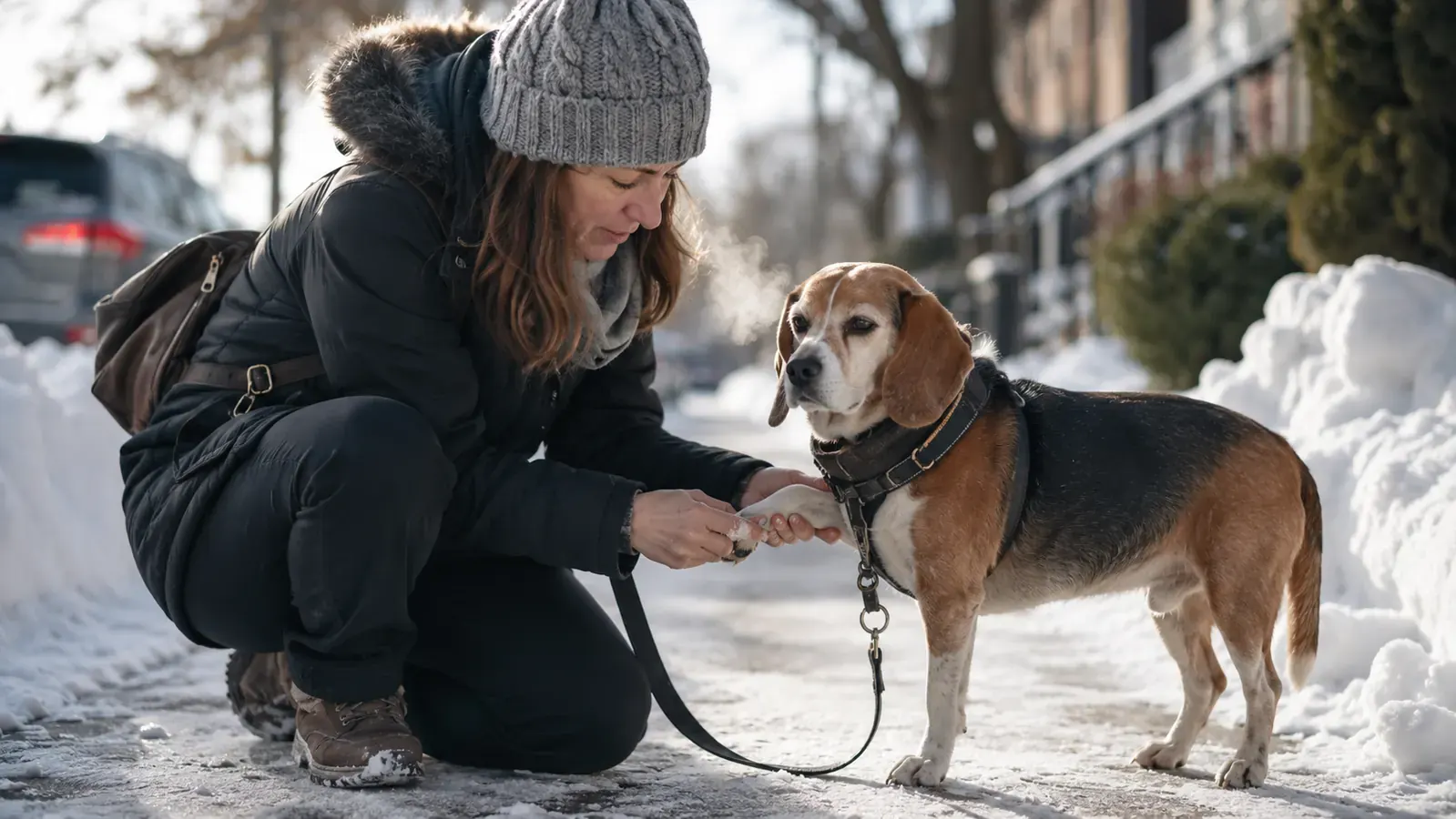 Senior beagle having its paw gently rinsed under a low-flow faucet over a bathroom sink