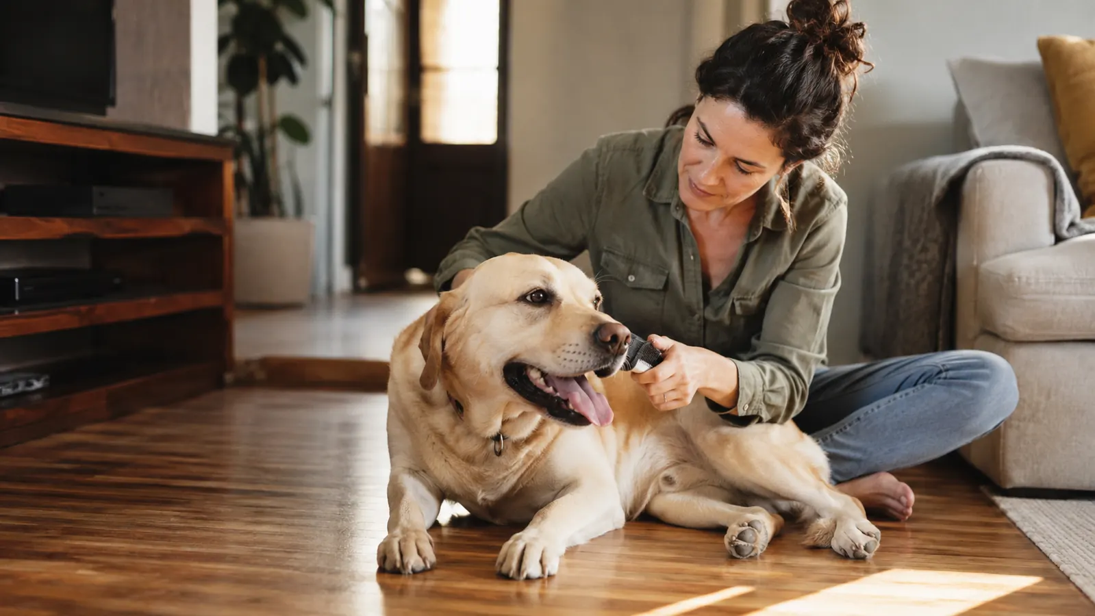 Yellow lab mix sitting calmly on a tile floor while a grooming vacuum hose is held near her coat, morning light coming through a window