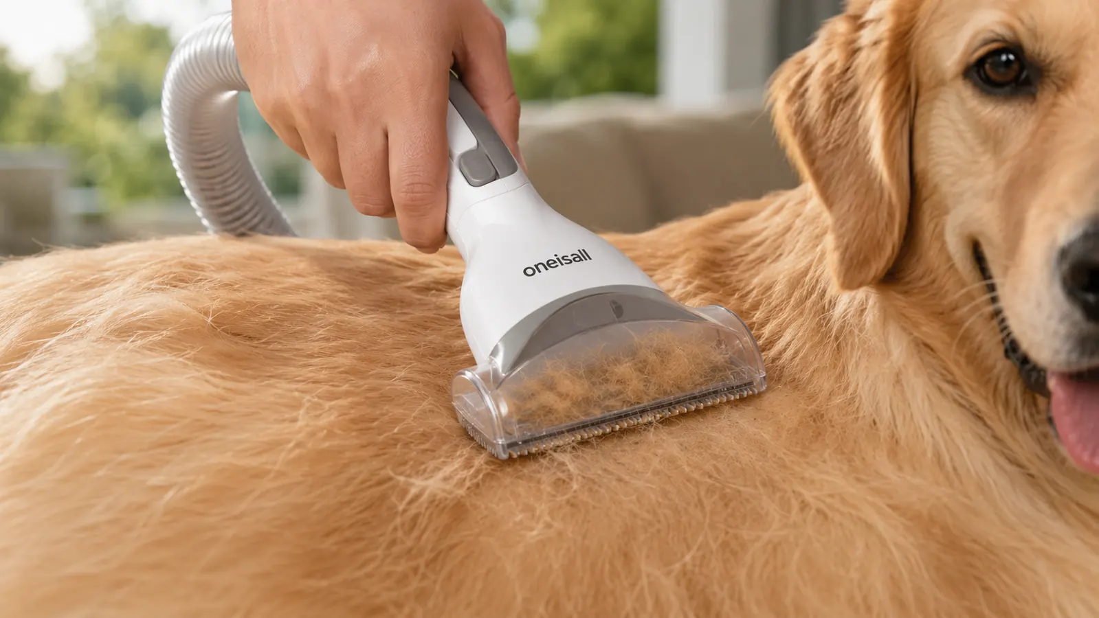 The oneisall grooming vacuum 1.5L dust cup on a countertop, half-full of short golden dog hair after one grooming session