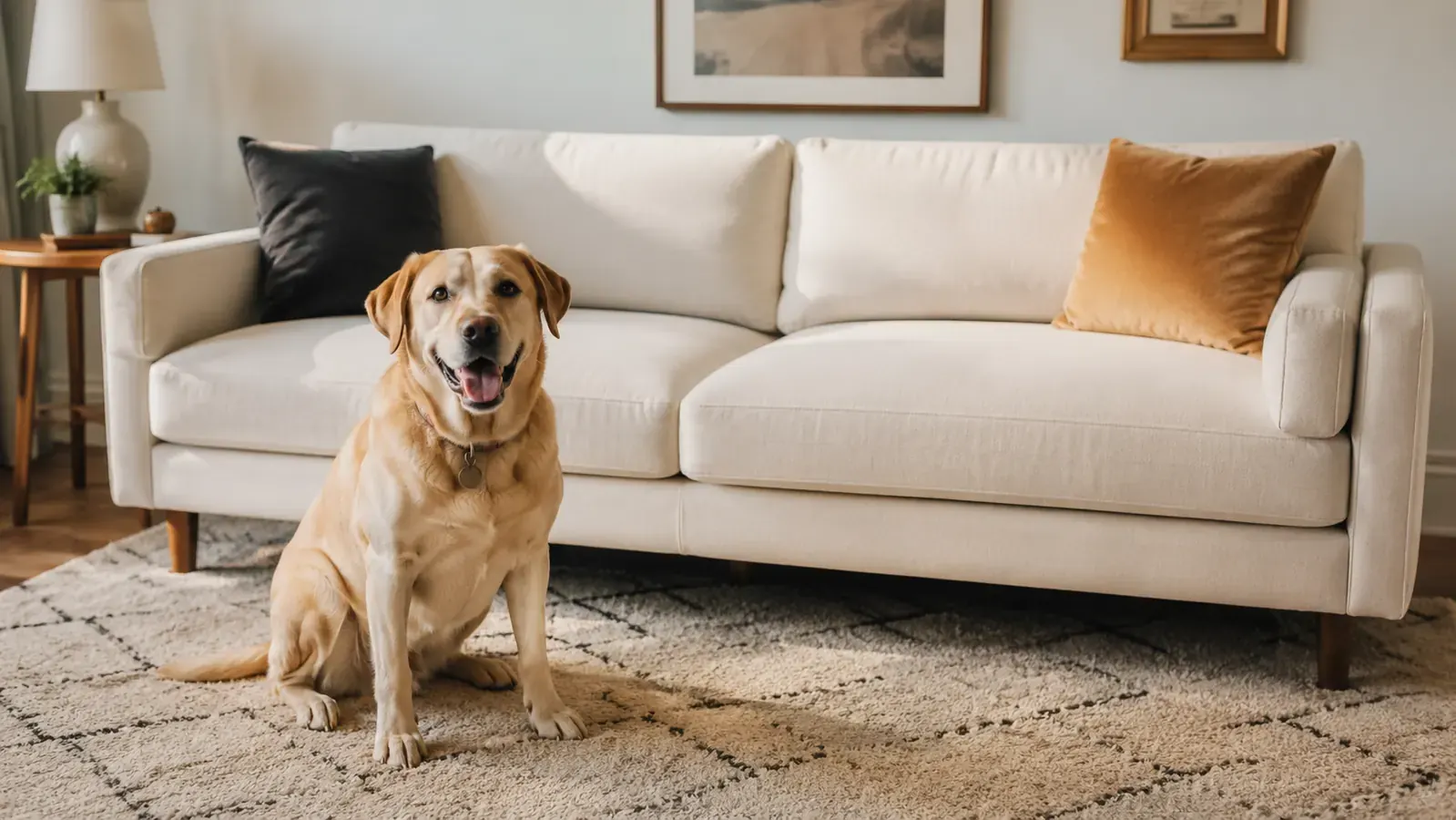 Dog and owner relaxing together on a clean couch with no visible pet hair on the cushions