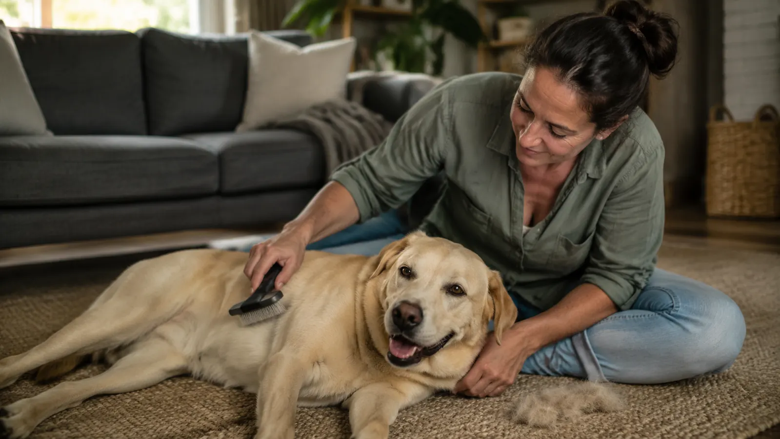 Dog owner sitting on a couch beside a calm golden retriever, both relaxed, with a grooming vacuum on the cushion next to them
