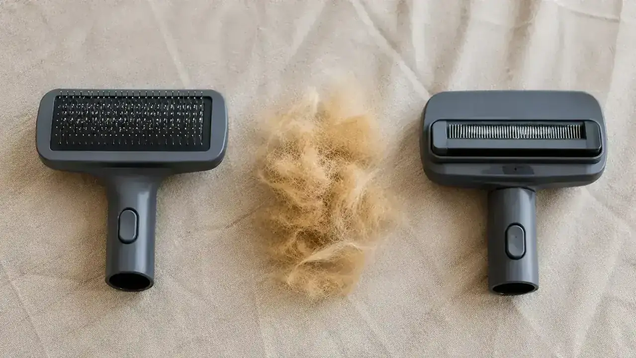 A yellow lab mix sitting calmly on a hardwood floor while being groomed with a pet vacuum attachment, loose fur being captured in the hose