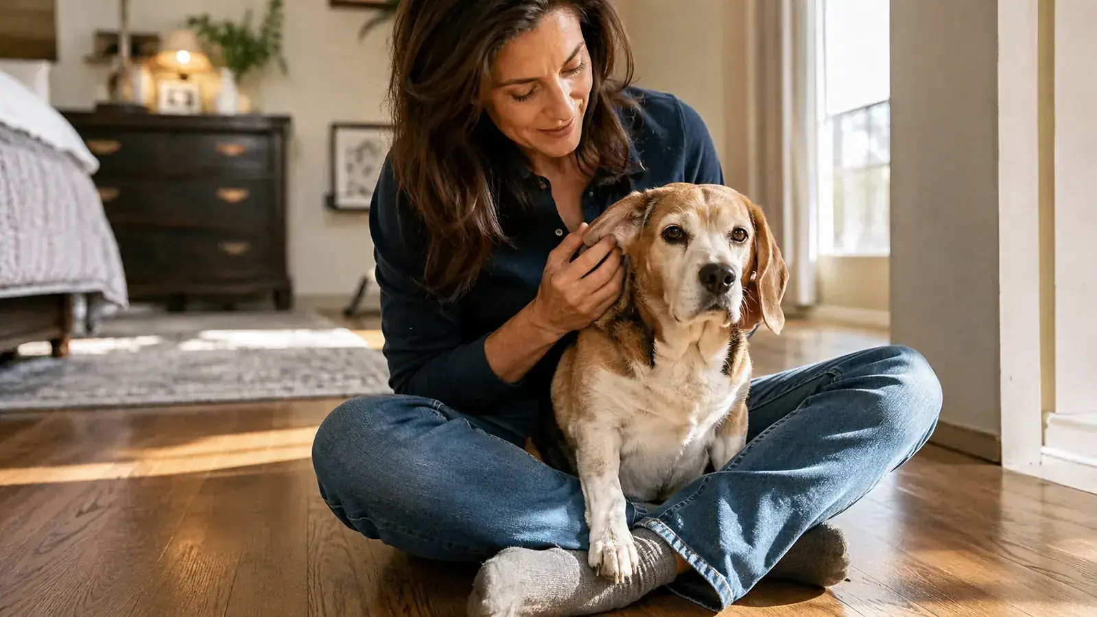 Senior beagle sitting calmly on a bathmat while its owner gently tilts its floppy ear for a cleaning session